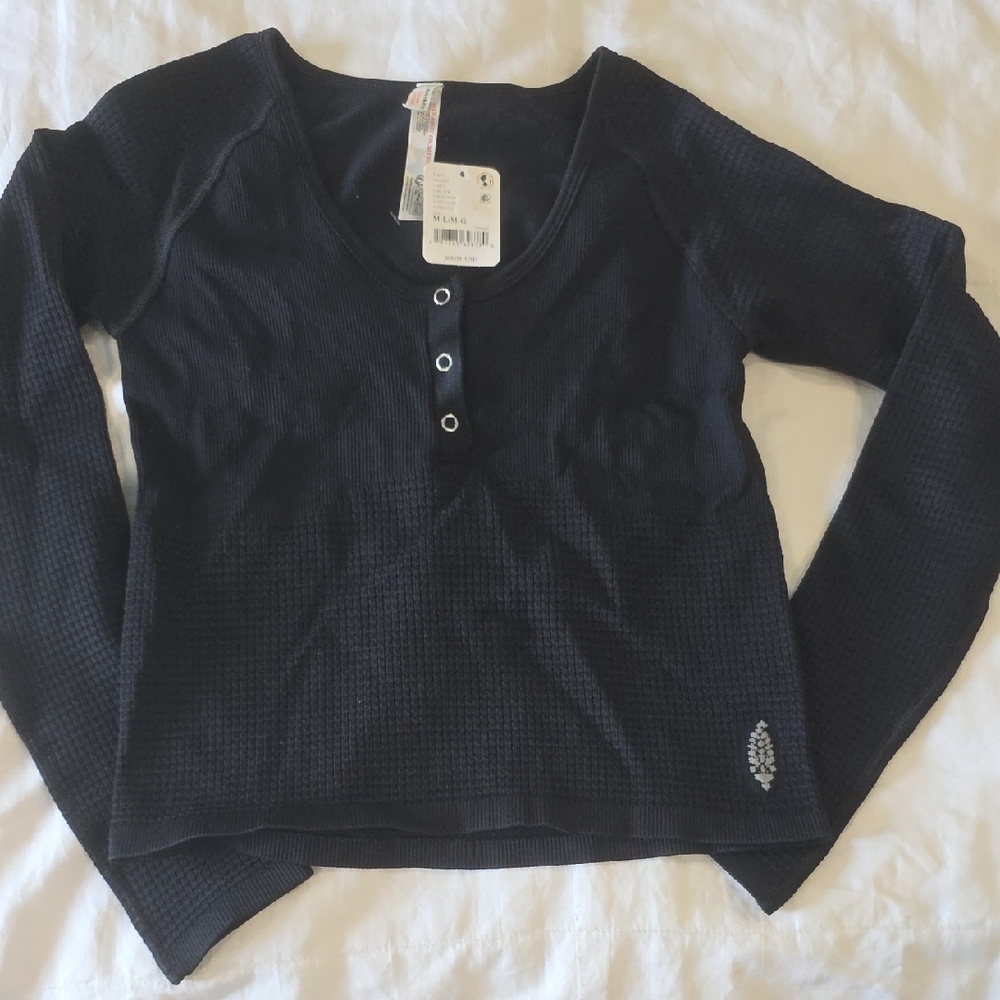 Free People Black Waffle-Knit Henley Crop Top